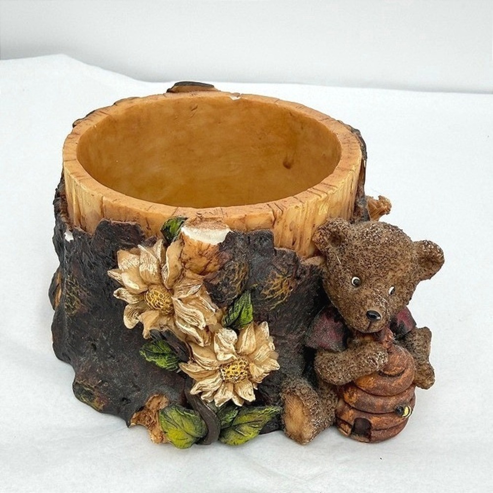 Bear Figurine Tree Stump Planter Pot Candle Holder Beehive Rustic Decor Cutecore